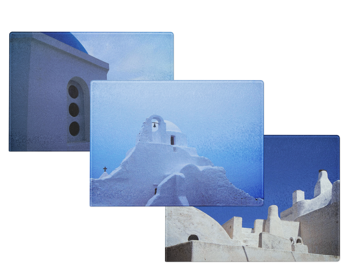 Cycladic Scenes - Set of 3 - 11"x15" Glass Cutting Boards